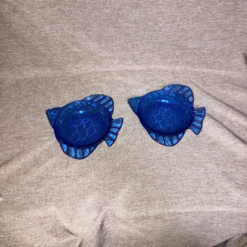 SET OF 2 VINTAGE HAZEL ATLAS COBALT BLUE GLASS FISH CANDY DISHES